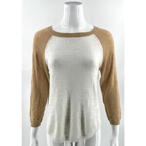 J Crew Factory Airspun Colorblock Baseball Sweater Size M Tan White Raglan Style